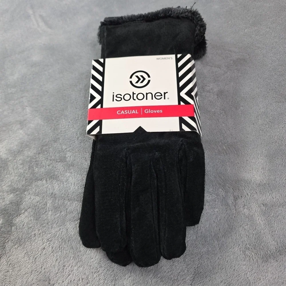 NWT Isotoner Women Micro Luxe Suede Casual Gloves Size Large Black Classic‎ Warm